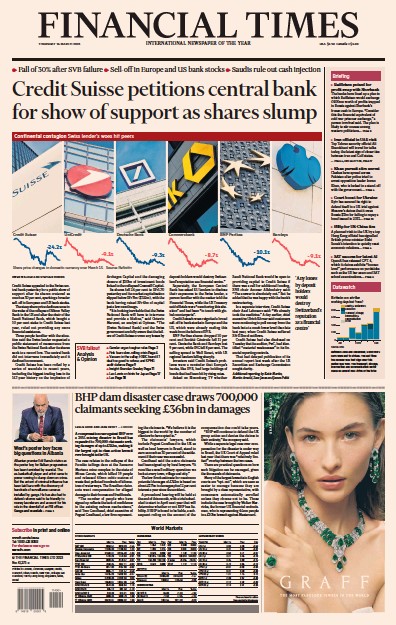 Financial Times (UK) Newspaper Front Page for 16 March 2023