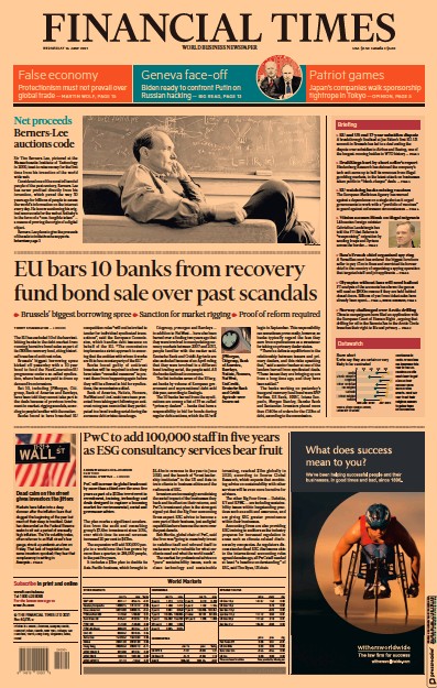 Financial Times (UK) Newspaper Front Page for 16 June 2021