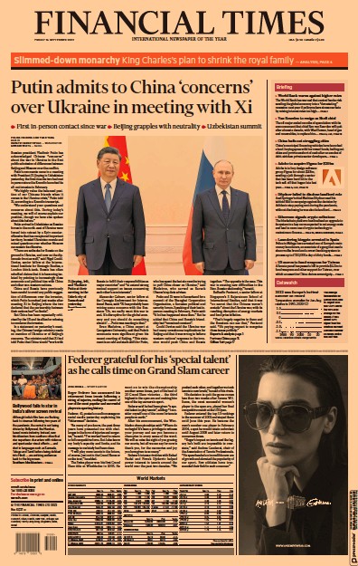 Financial Times (UK) Newspaper Front Page for 16 September 2022