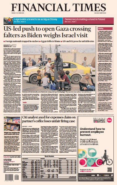 Financial Times (UK) Newspaper Front Page for 17 October 2023