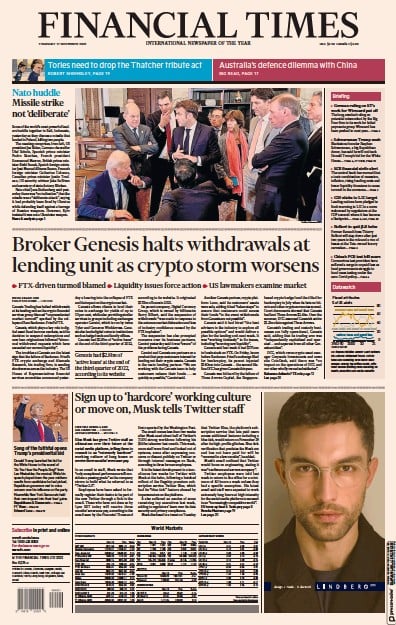 Financial Times (UK) Newspaper Front Page for 17 November 2022
