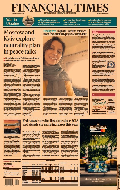Financial Times (UK) Newspaper Front Page for 17 March 2022