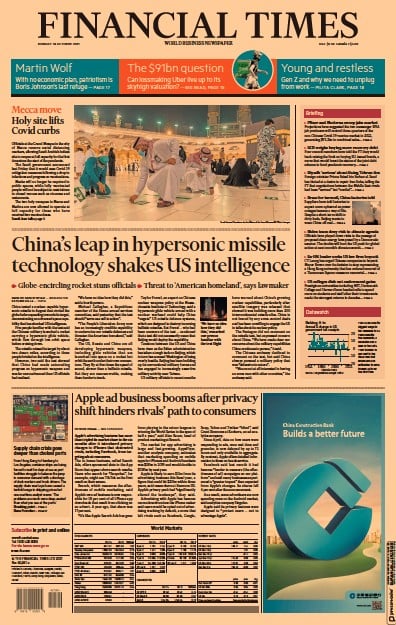 Financial Times (UK) Newspaper Front Page for 18 October 2021