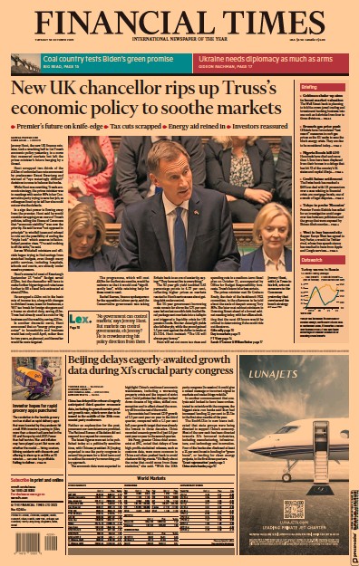 Financial Times Newspaper Front Page for 18 October 2022