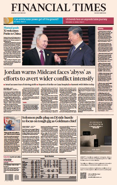Financial Times (UK) Newspaper Front Page for 18 October 2023