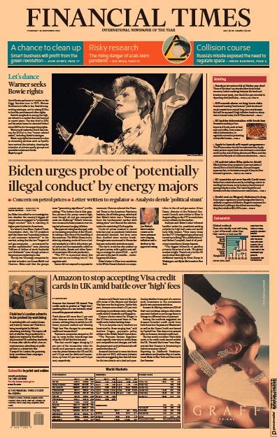 Financial Times (UK) Newspaper Front Page for 18 November 2021