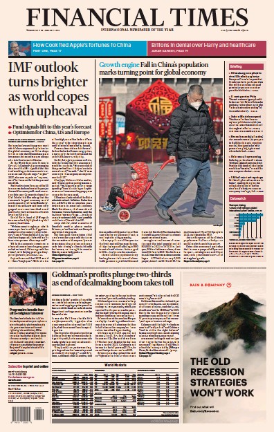Financial Times (UK) Newspaper Front Page for 18 January 2023