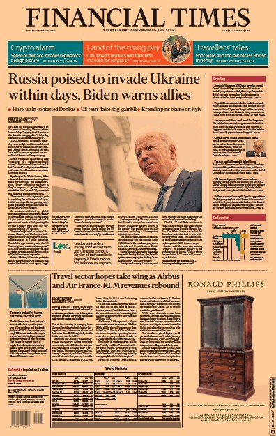 Financial Times Newspaper Front Page for 18 February 2022
