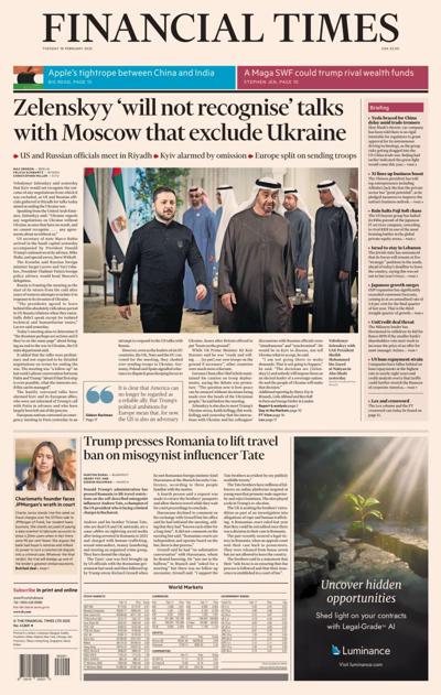 Financial Times (UK) Newspaper Front Page for 18 February 2025