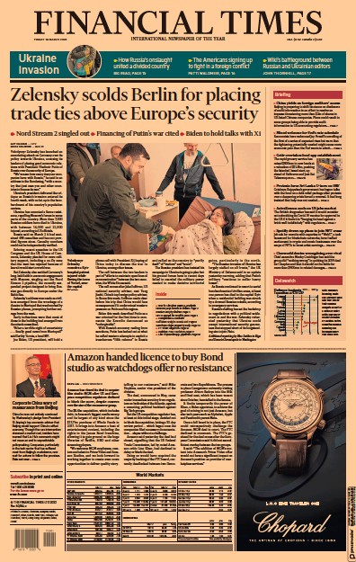 Financial Times Newspaper Front Page for 18 March 2022