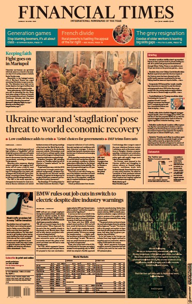 Financial Times Newspaper Front Page for 18 April 2022