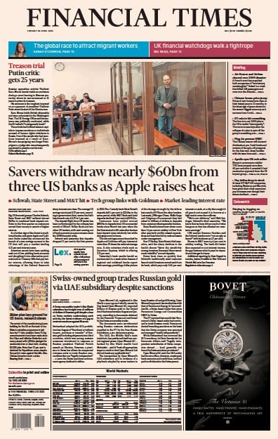 Financial Times (UK) Newspaper Front Page for 18 April 2023