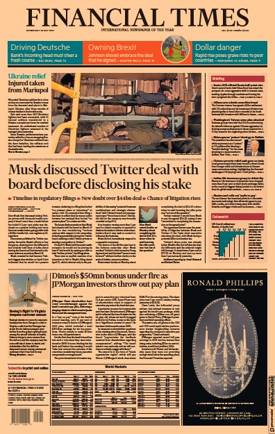 Financial Times (UK) Newspaper Front Page for 18 May 2022