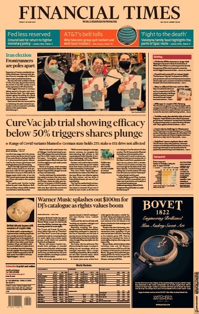 Financial Times (UK) Newspaper Front Page for 18 June 2021