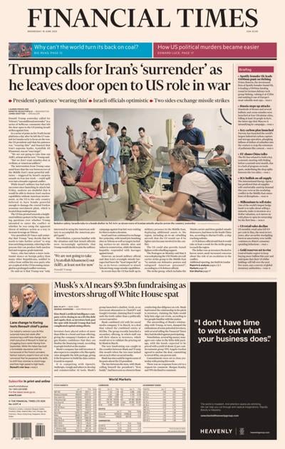Financial Times (UK) Newspaper Front Page for 18 June 2025