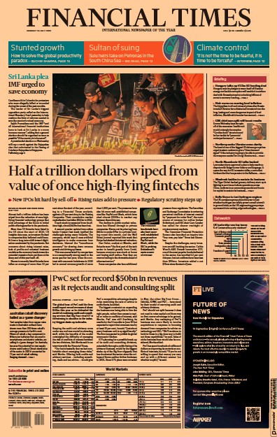 Financial Times Newspaper Front Page for 18 July 2022