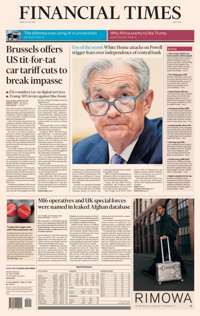 Financial Times (UK) Newspaper Front Page for 18 July 2025