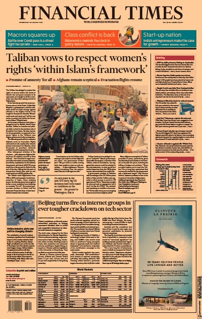 Financial Times (UK) Newspaper Front Page for 18 August 2021