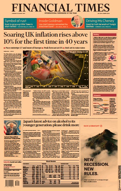 Financial Times (UK) Newspaper Front Page for 18 August 2022
