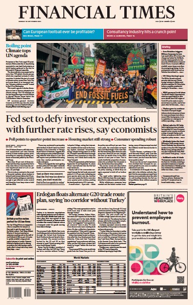 Financial Times (UK) Newspaper Front Page for 18 September 2023