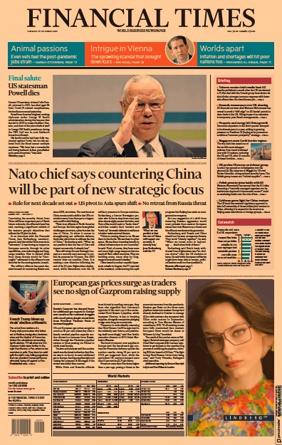Financial Times (UK) Newspaper Front Page for 19 October 2021