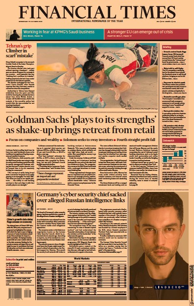 Financial Times Newspaper Front Page for 19 October 2022