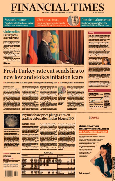 Financial Times (UK) Newspaper Front Page for 19 November 2021