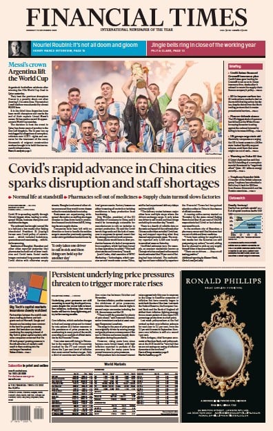 Financial Times Newspaper Front Page for 19 December 2022