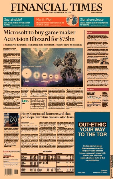 Financial Times (UK) Newspaper Front Page for 19 January 2022