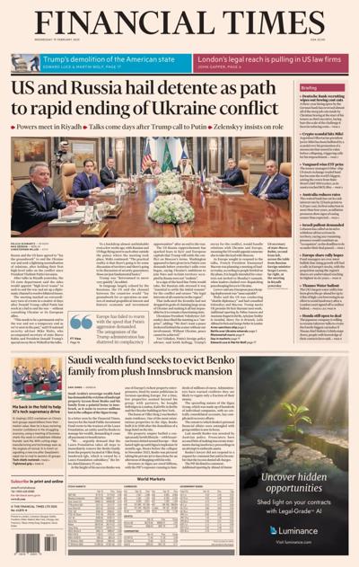 Financial Times (UK) Newspaper Front Page for 19 February 2025