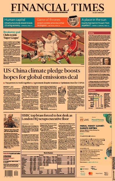 Financial Times (UK) Newspaper Front Page for 19 April 2021