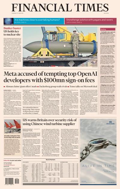 Financial Times (UK) Newspaper Front Page for 19 June 2025