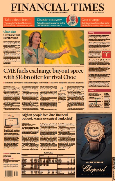 Financial Times (UK) Newspaper Front Page for 19 August 2021