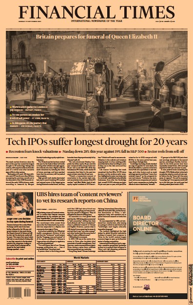 Financial Times (UK) Newspaper Front Page for 19 September 2022