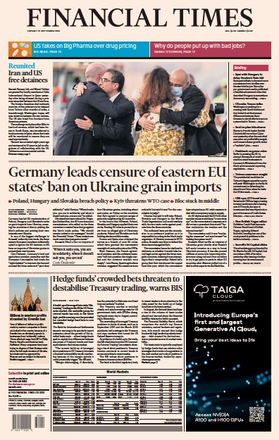 Financial Times (UK) Newspaper Front Page for 19 September 2023