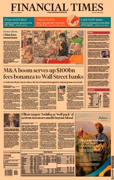 Financial Times (UK) Newspaper Front Page for 1 October 2021