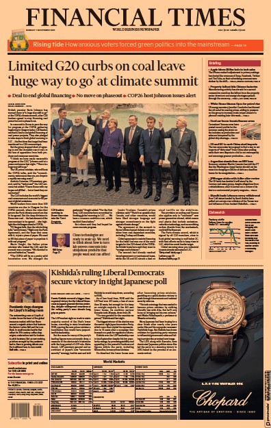 Financial Times (UK) Newspaper Front Page for 1 November 2021