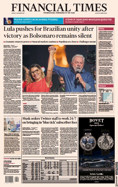 Financial Times (UK) Newspaper Front Page for 1 November 2022