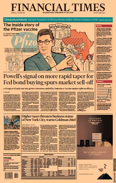 Financial Times (UK) Newspaper Front Page for 1 December 2021