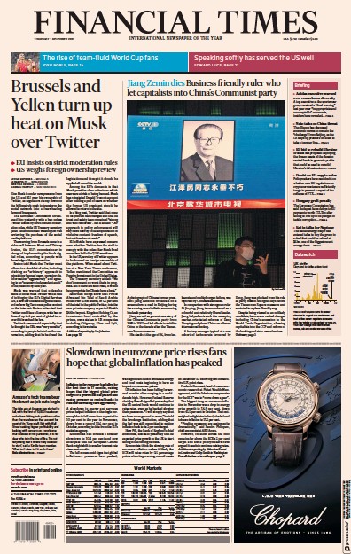 Financial Times (UK) Newspaper Front Page for 1 December 2022