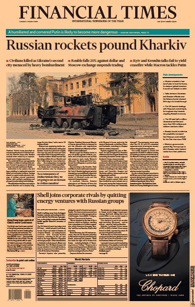 Financial Times (UK) Newspaper Front Page for 1 March 2022
