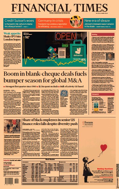 Financial Times (UK) Newspaper Front Page for 1 April 2021