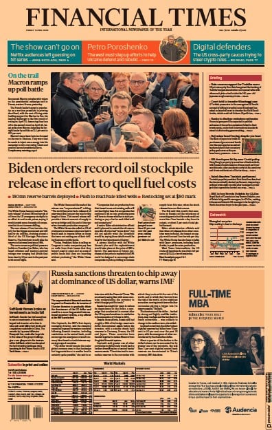 Financial Times (UK) Newspaper Front Page for 1 April 2022