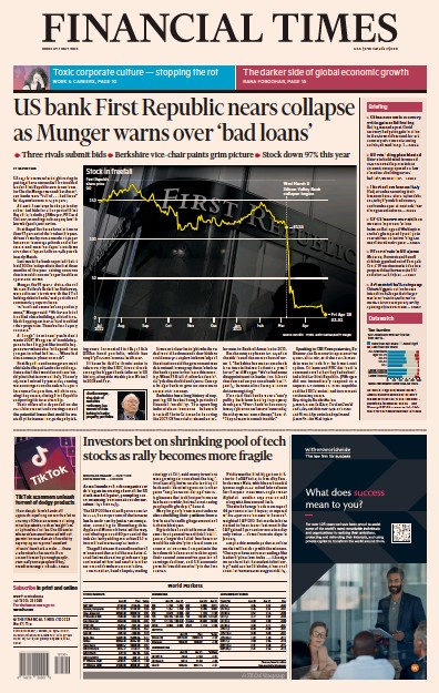 Financial Times (UK) Newspaper Front Page for 1 May 2023