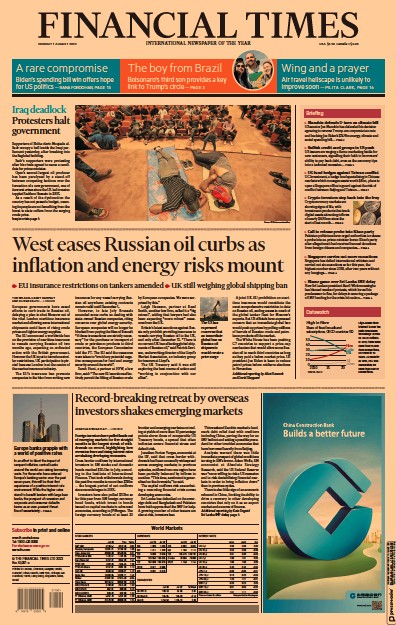 Financial Times (UK) Newspaper Front Page for 1 August 2022