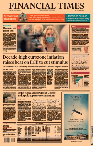 Financial Times (UK) Newspaper Front Page for 1 September 2021