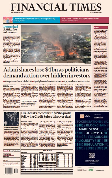 Financial Times (UK) Newspaper Front Page for 1 September 2023
