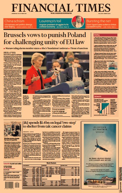 Financial Times (UK) Newspaper Front Page for 20 October 2021