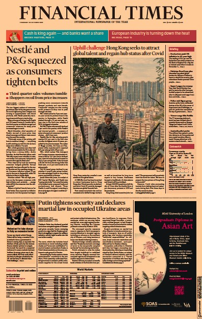 Financial Times (UK) Newspaper Front Page for 20 October 2022