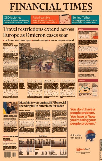 Financial Times (UK) Newspaper Front Page for 20 December 2021